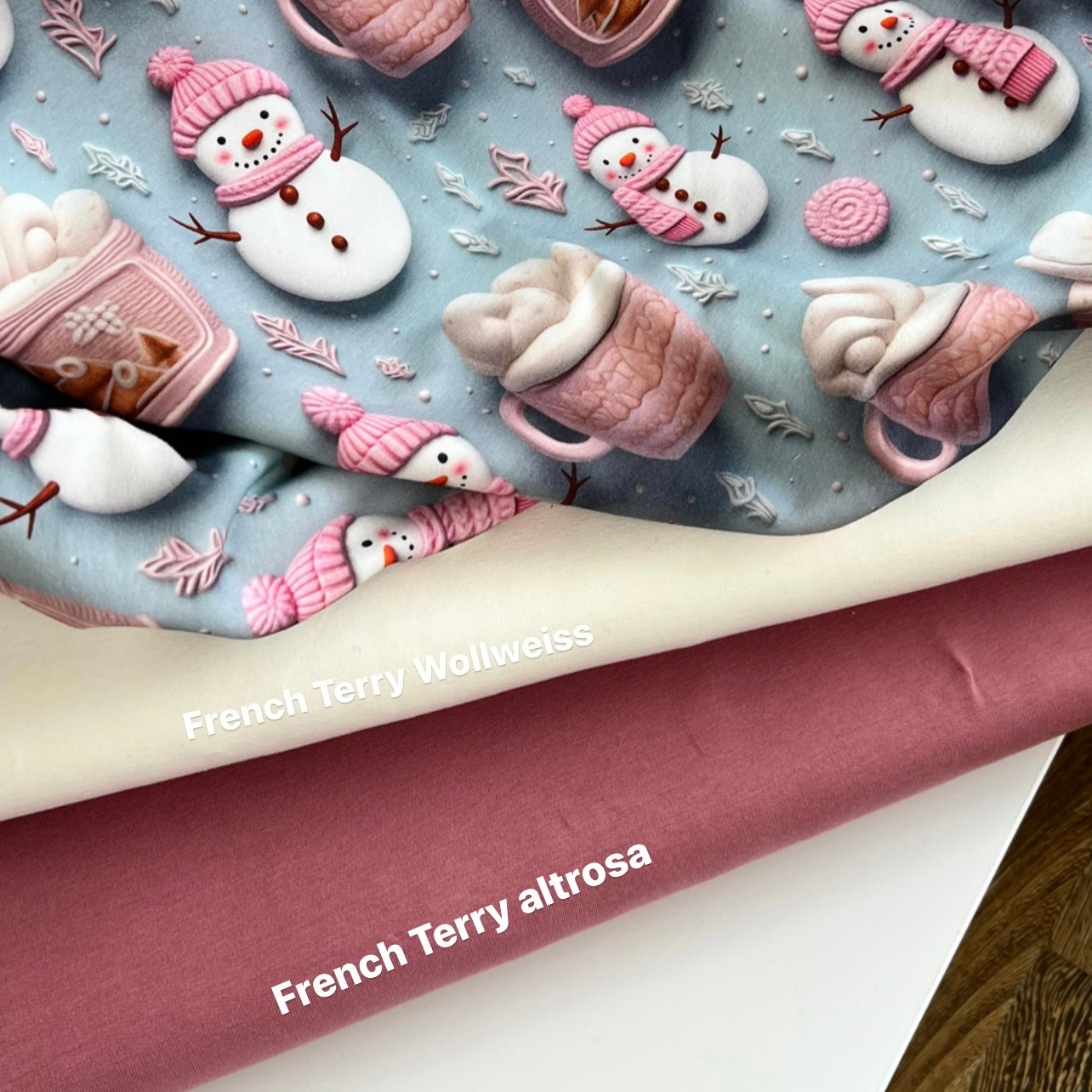 Stoffvorbestellung "Schneemann & Tassen rosa"